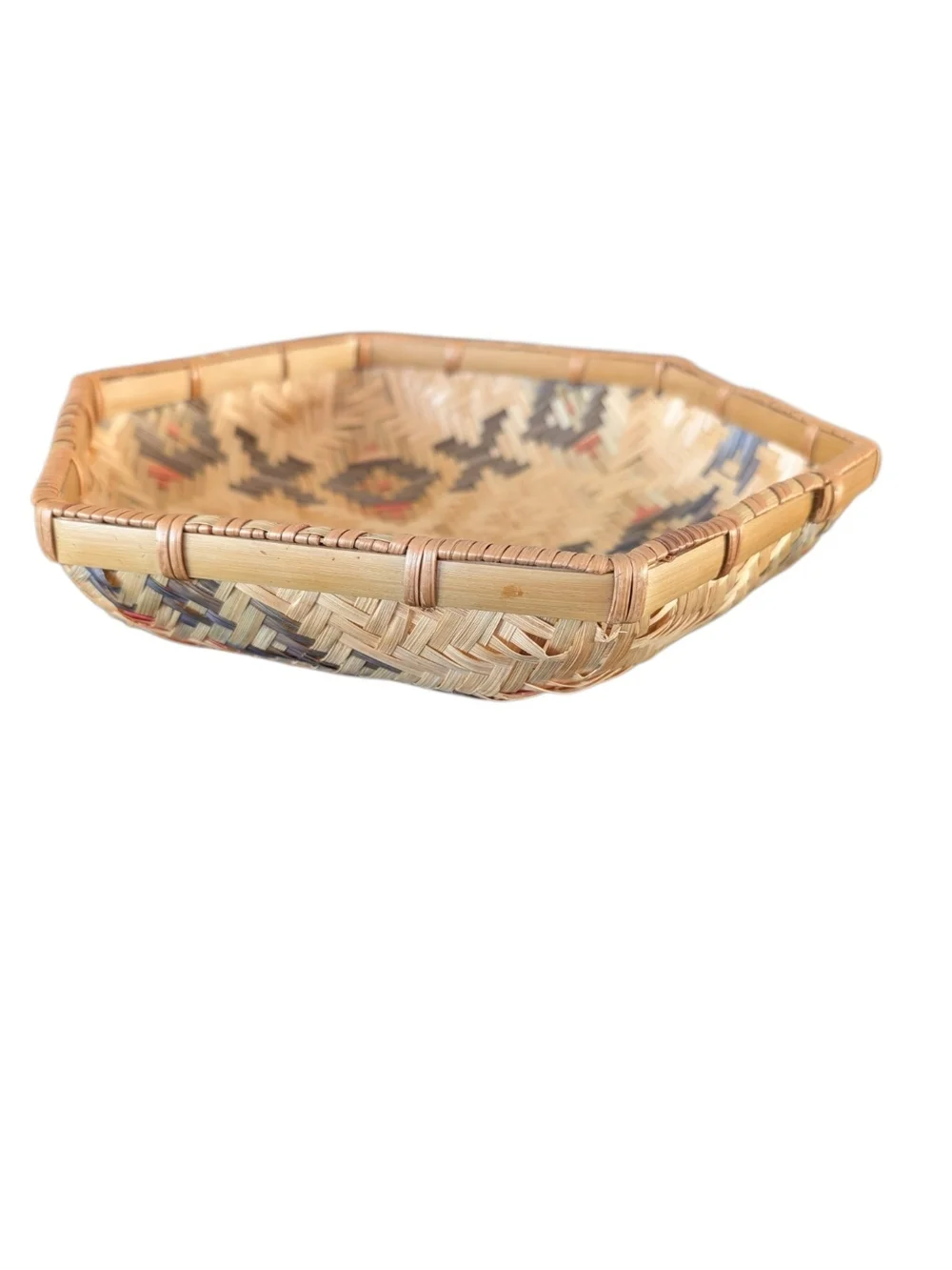Vintage Southeast Asian Woven Hexagon Straw Basket Tray
